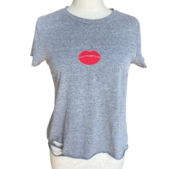 Wildfox Holey Embroidered Lips T-Shirt Sz S Distressed Rips Punk Grunge 90s Y2K - Picture 1 of 13